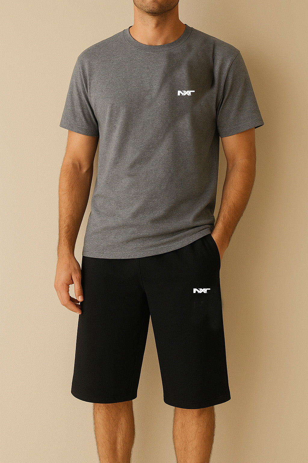 Front view of Men wearing a casual crew neck cotton shirt with a black shorts