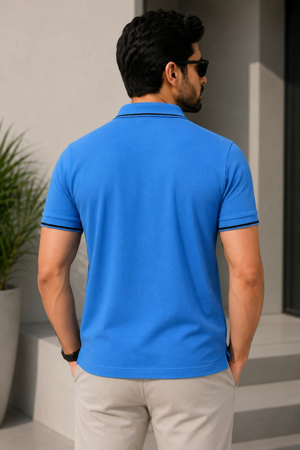 Basic Sky Blue Polo T-Shirt for Men with Black Contrast Collar