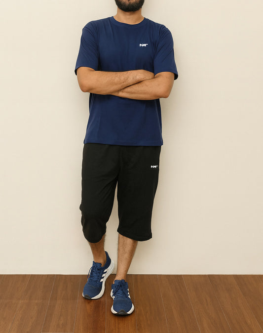Nxtwears men’s navy cotton t-shirt and black shorts summer set front view – casual athleisure wear in Pakistan