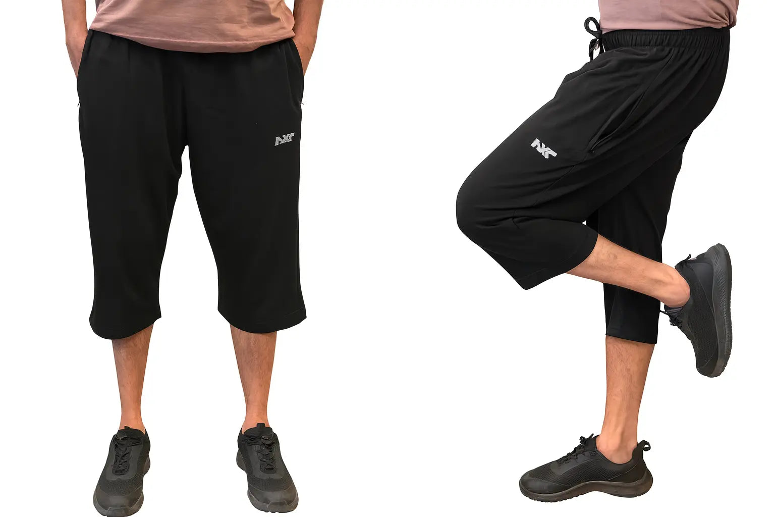 2 view of men shorts in black color fabric cotton summer