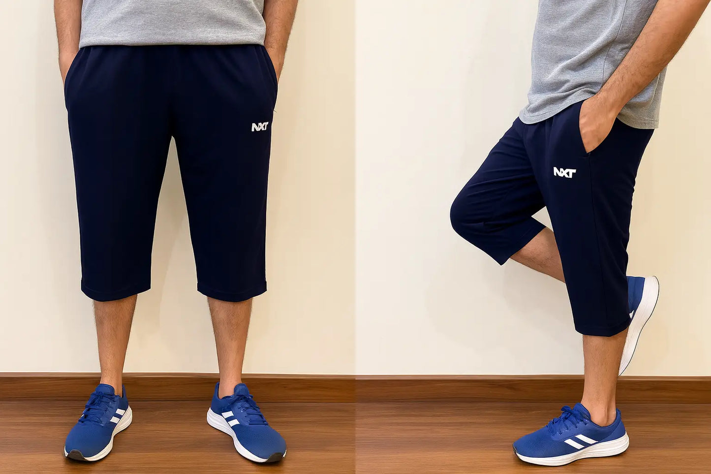 nxtwears men blue shorts with zipper pockets two sides view