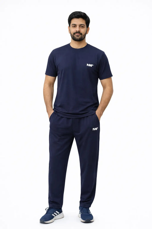 Model wearing nxtwears Navy blue tracksuit front view