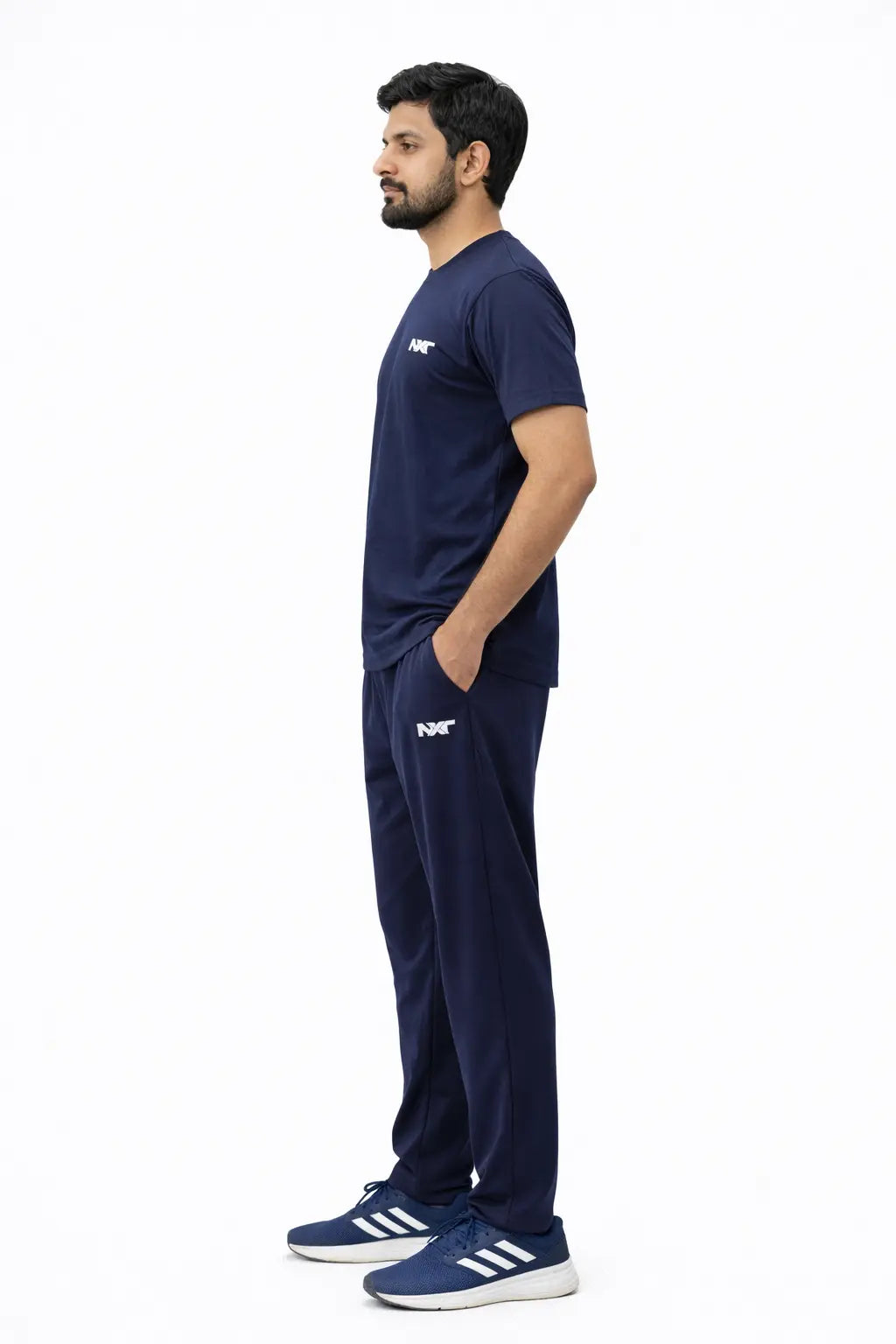 Model wearing Nxtwears Blue Tracksuit for side view