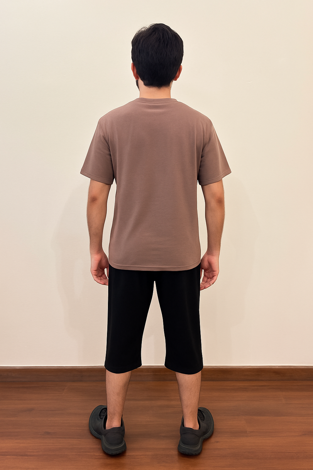 Back view of Nxtwears men’s brown cotton T-shirt and black shorts set – casual summer wear in Pakistan