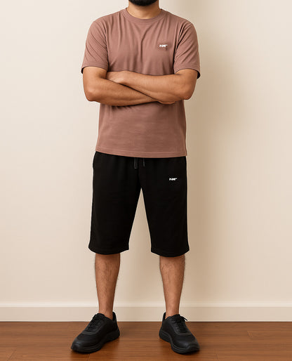 Men’s brown cotton T-shirt with black shorts set – summer athleisure outfit by Nxtwears, front view