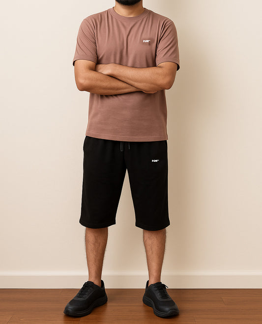 Men’s brown cotton T-shirt with black shorts set – summer athleisure outfit by Nxtwears, front view