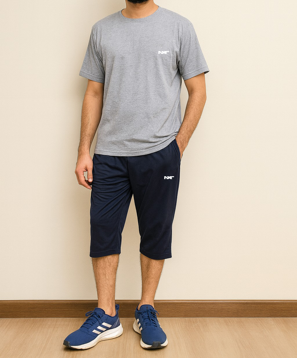 Nxtwears men’s grey t-shirt and navy shorts set front view – casual athleisure wear