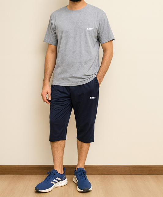 Nxtwears men’s grey t-shirt and navy shorts set front view – casual athleisure wear