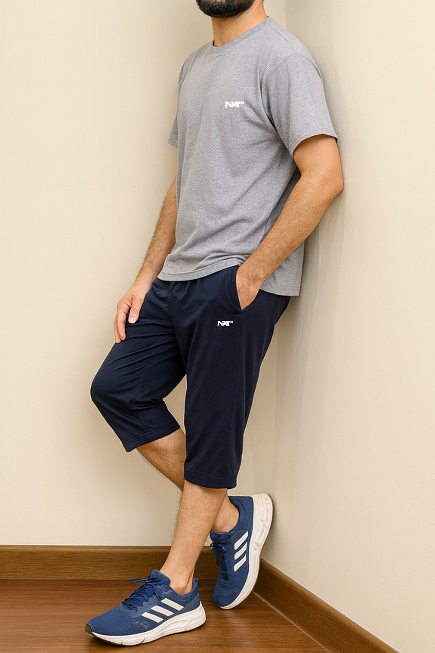 Nxtwears men’s grey t-shirt and navy shorts set side view – sportswear for men in Pakistan
