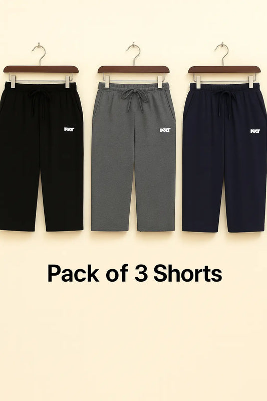 Nxtwears Men’s Cotton Shorts Bundle – Black, Grey & Navy Blue | 3-Pack Athleisure Knee-Length Shorts
