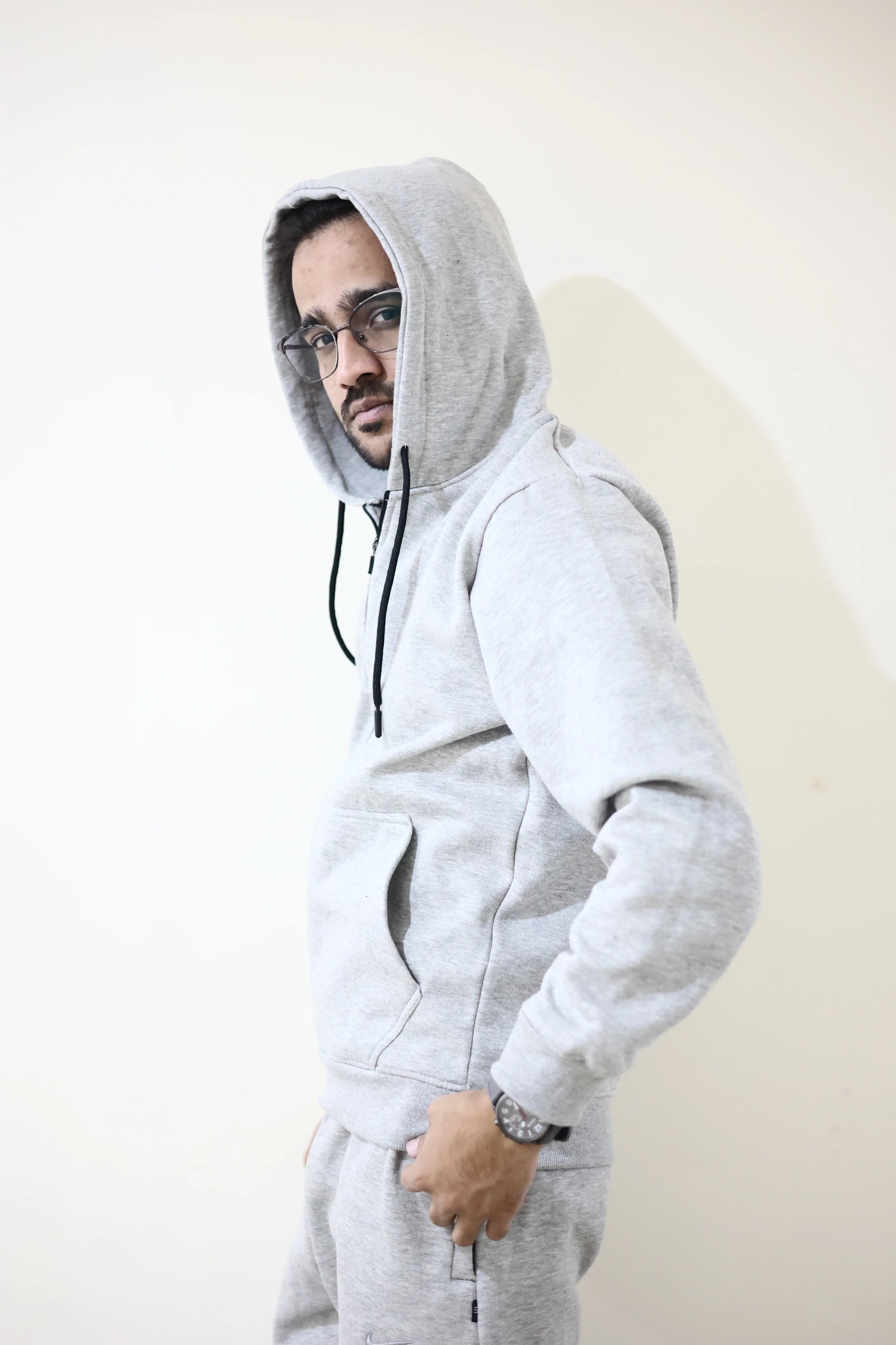 Side-view of zipper and stitching details on Nxtwears Grey unisex hoodie suit