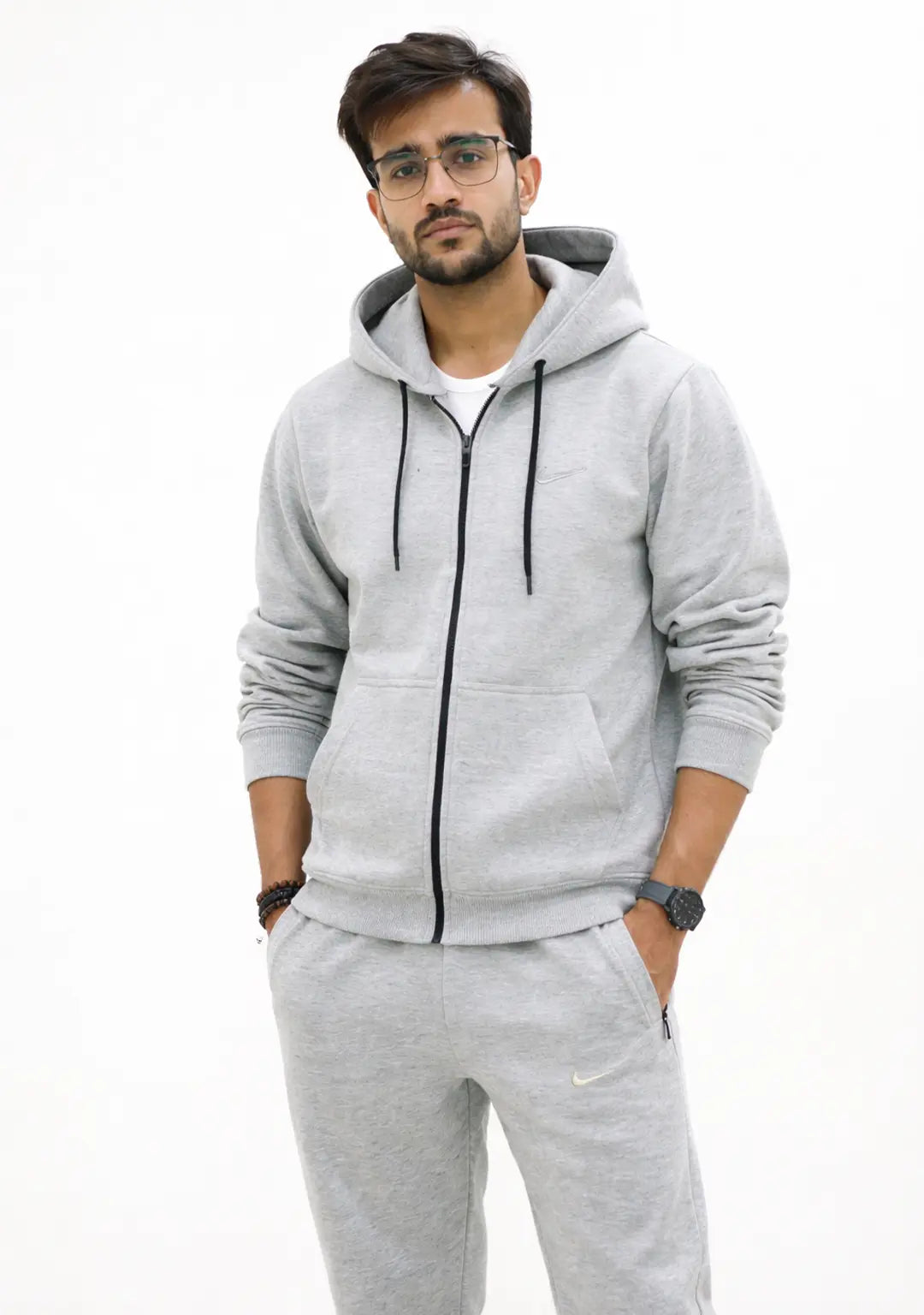Men wearing Zipper Grey Hoodie with Pajama set front picture