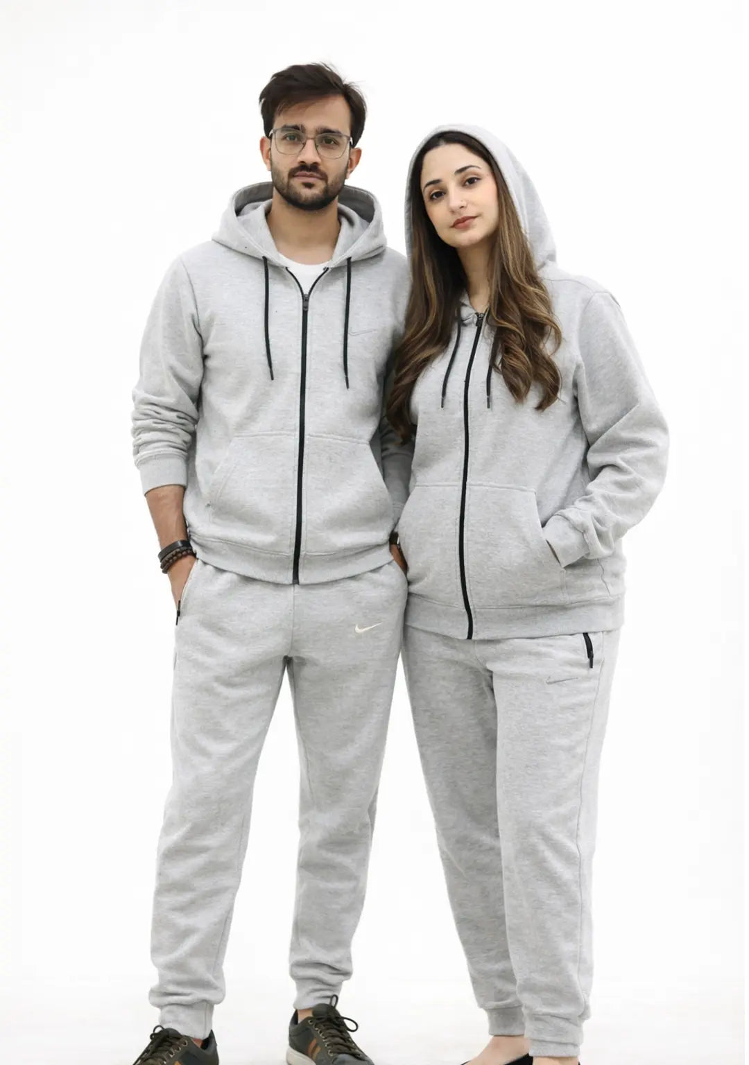Models wearing Heather Grey Nxtwears Hoodie Zip-up suit