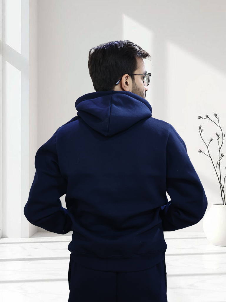 Back view of Men wearing Navy-blue zipper Hoodie 