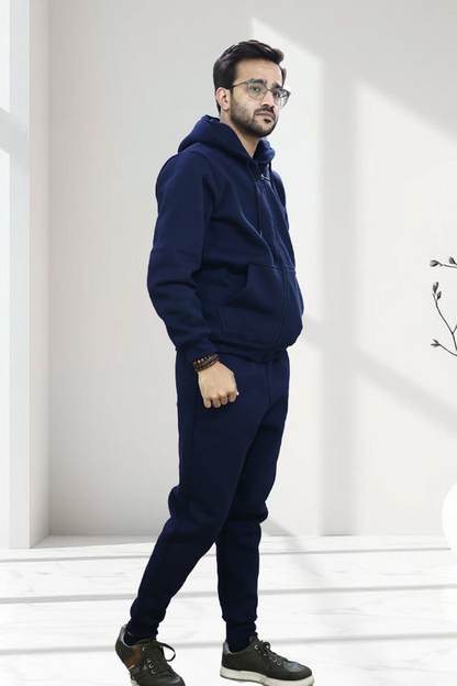 Model wearing Nxtwears Navy Blue Zipper Hoodie Set Front tilt view