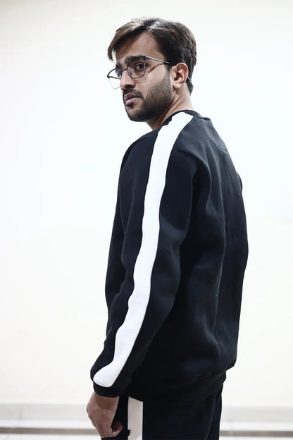 Back tilt view of Men wearing Black with white stripes Sweat shirt with Trouser
