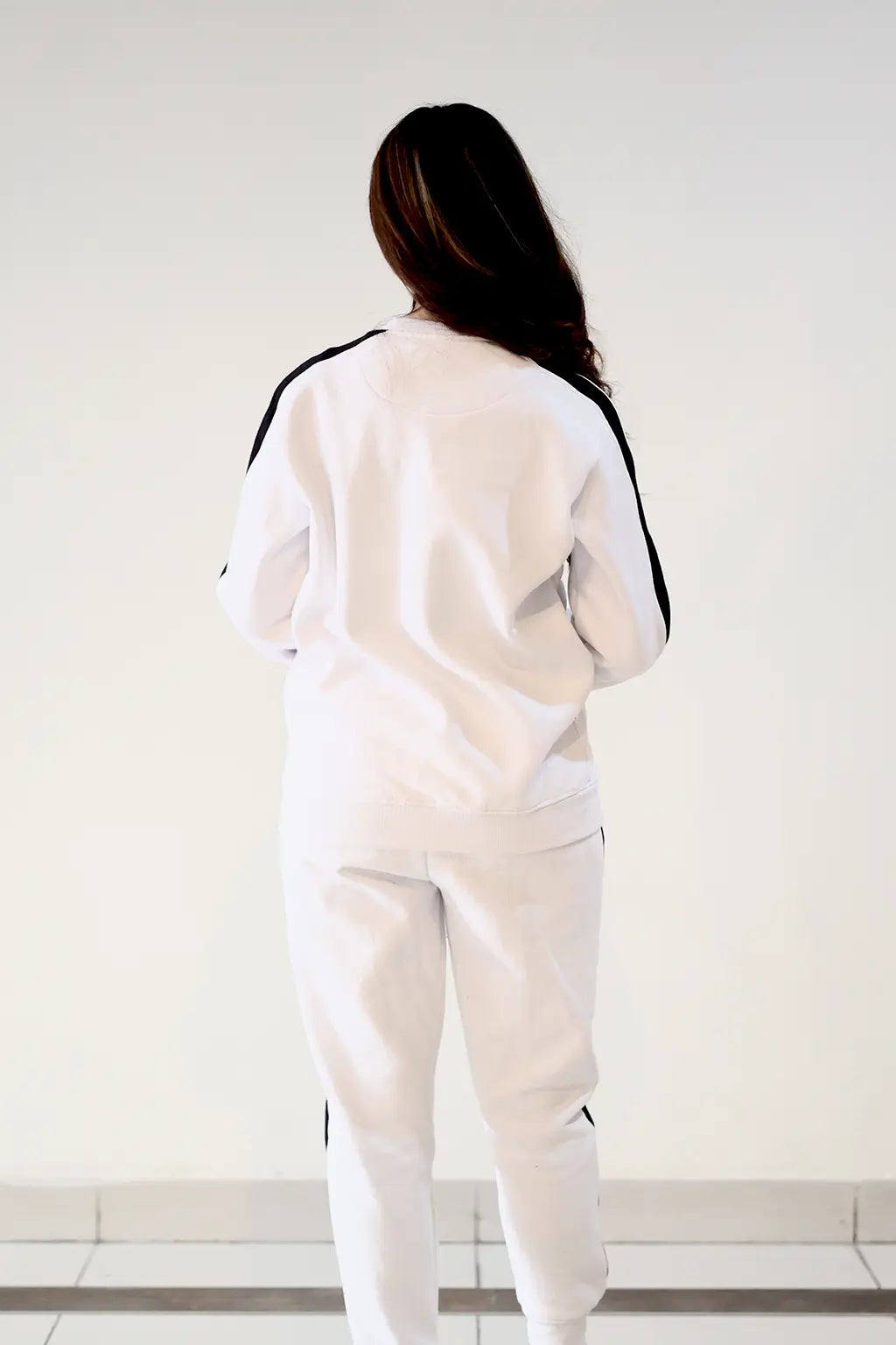 Nxtwears unisex white sweatsuit with black stripe borders back view of co-ord set in fleece