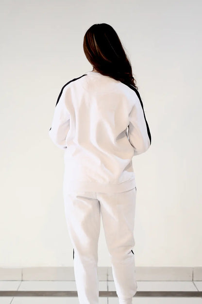 Nxtwears unisex white sweatsuit with black stripe borders back view of co-ord set in fleece