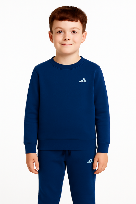 child wearing winter royal blue kids tracksuit set with sweatshirt and joggers